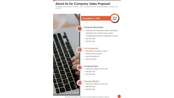 About Us For Company Sales Proposal One Pager Sample Example Document