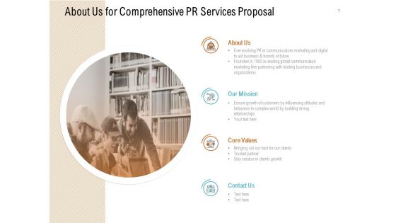 About Us For Comprehensive PR Services Proposal Ppt PowerPoint Presentation Inspiration Slides