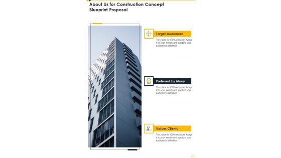 About Us For Construction Concept Blueprint Proposal One Pager Sample Example Document