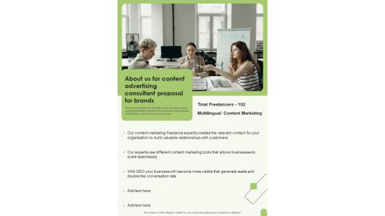 About Us For Content Advertising Consultant Proposal For Brands One Pager Sample Example Document About Us For Content Advertising Consultant Proposal For Brands One Pager Sample Example Document