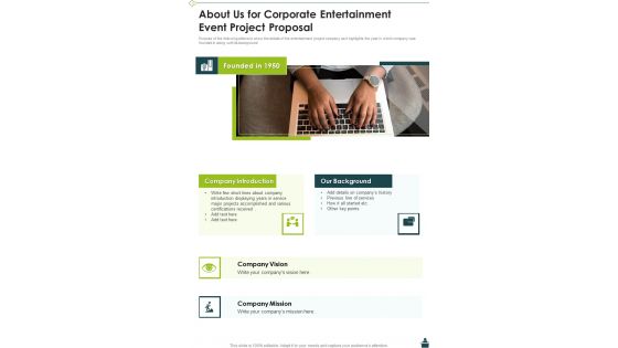 About Us For Corporate Entertainment Event Project Proposal One Pager Sample Example Document