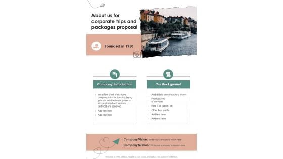 About Us For Corporate Trips And Packages Proposal One Pager Sample Example Document