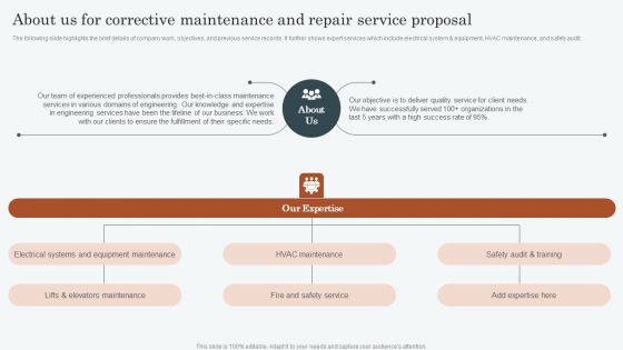 About Us For Corrective Maintenance And Repair Service Proposal Summary PDF