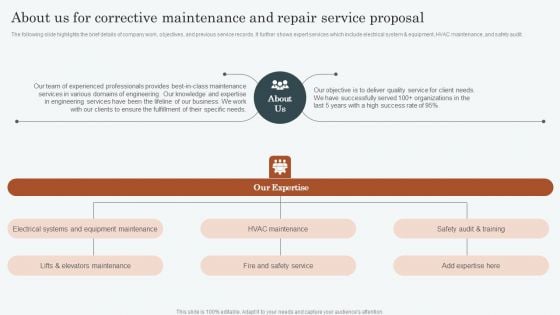 About Us For Corrective Maintenance And Repair Service Proposal Summary PDF