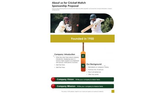 About Us For Cricket Match Sponsorship Proposal One Pager Sample Example Document About Us For Cricket Match Sponsorship Proposal One Pager Sample Example Document