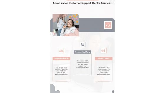 About Us For Customer Support Centre Service One Pager Sample Example Document About Us For Customer Support Centre Service One Pager Sample Example Document