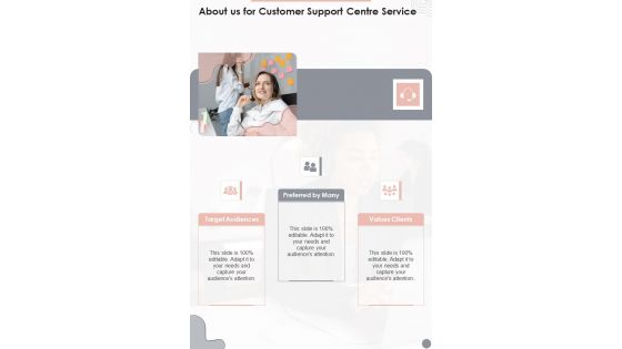 About Us For Customer Support Centre Service One Pager Sample Example Document