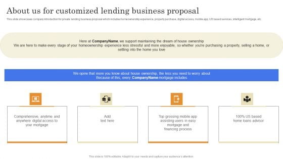 About Us For Customized Lending Business Proposal Demonstration PDF