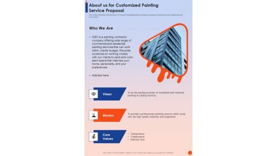 About Us For Customized Painting Service Proposal One Pager Sample Example Document