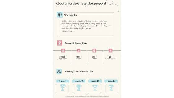 About Us For Daycare Services Proposal One Pager Sample Example Document