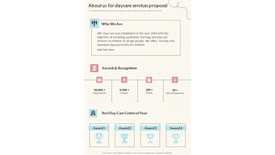 About Us For Daycare Services Proposal One Pager Sample Example Document About Us For Daycare Services Proposal One Pager Sample Example Document