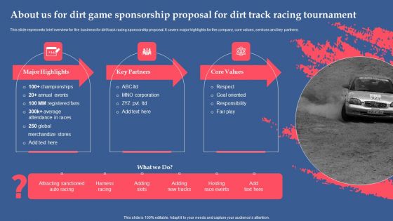 About Us For Dirt Game Sponsorship Proposal For Dirt Track Racing Tournament Template PDF