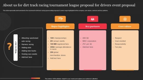 About Us For Dirt Track Racing Tournament League Proposal For Drivers Event Proposal Background PDF