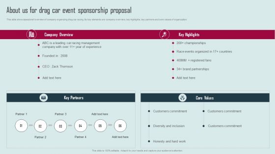 About Us For Drag Car Event Sponsorship Proposal Summary PDF