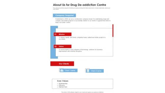 About Us For Drug De Addiction Centre One Pager Sample Example Document