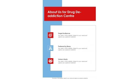 About Us For Drug De Addiction Centre Target One Pager Sample Example Document