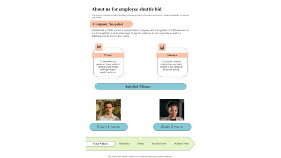 About Us For Employee Shuttle Bid One Pager Sample Example Document About Us For Employee Shuttle Bid One Pager Sample Example Document
