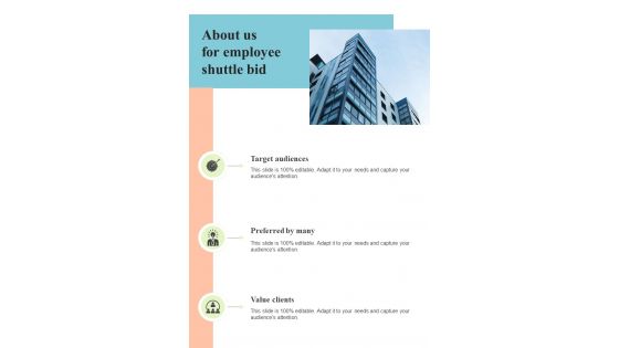 About Us For Employee Shuttle Bid Preferred by many One Pager Sample Example Document About Us For Employee Shuttle Bid Preferred by many One Pager Sample Example Document