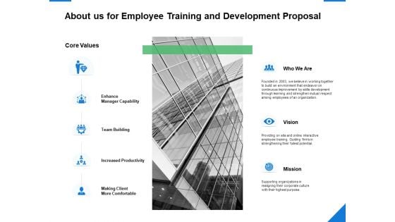 About Us For Employee Training And Development Proposal Ppt PowerPoint Presentation Pictures Graphics Tutorials