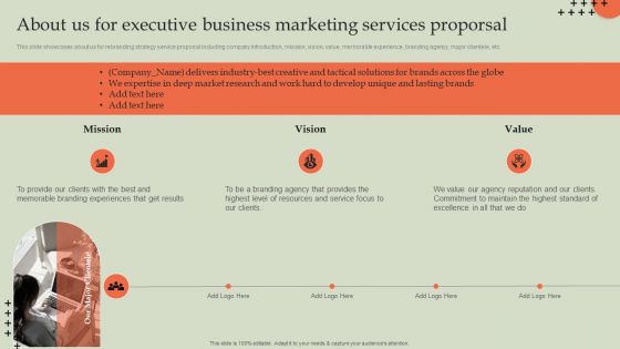 About Us For Executive Business Marketing Services Proporsal Elements PDF