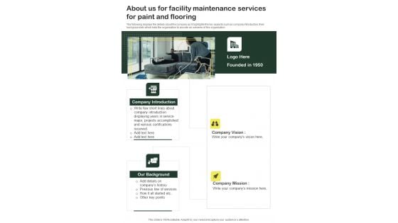 About Us For Facility Maintenance Services For Paint And Flooring One Pager Sample Example Document