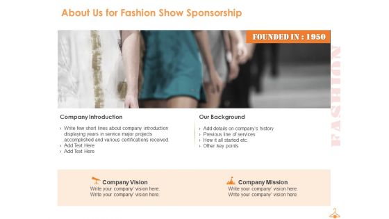 About Us For Fashion Show Sponsorship Ppt PowerPoint Presentation Infographic Template Graphics Pictures