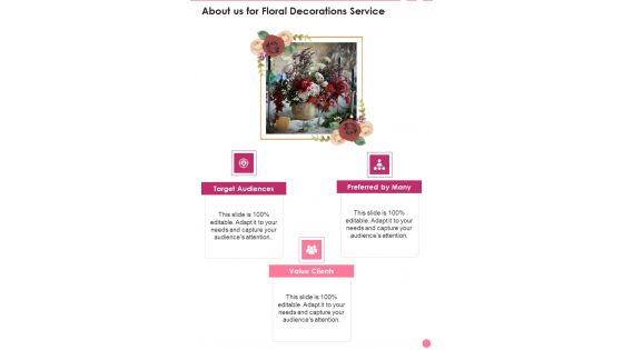 About Us For Floral Decorations Service One Pager Sample Example Document About Us For Floral Decorations Service One Pager Sample Example Document