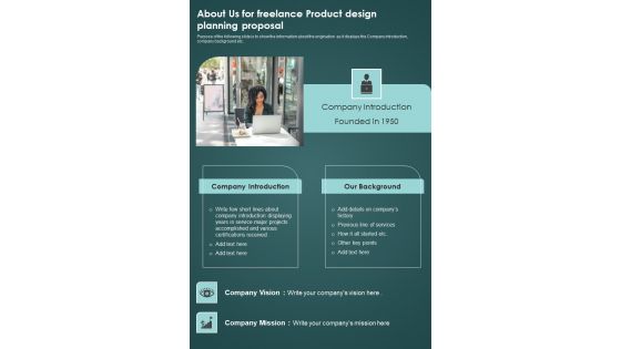 About Us For Freelance Product Design Planning Proposal One Pager Sample Example Document