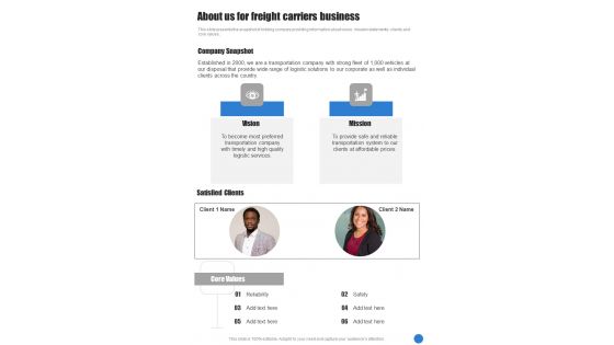 About Us For Freight Carriers Business One Pager Sample Example Document About Us For Freight Carriers Business One Pager Sample Example Document
