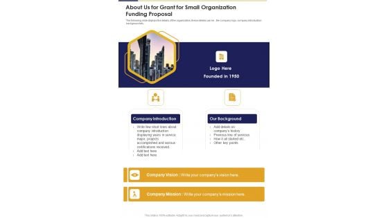 About Us For Grant For Small Organization Funding Proposal One Pager Sample Example Document