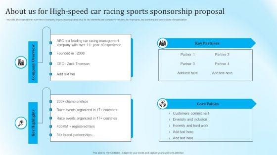 About Us For High Speed Car Racing Sports Sponsorship Proposal Icons PDF