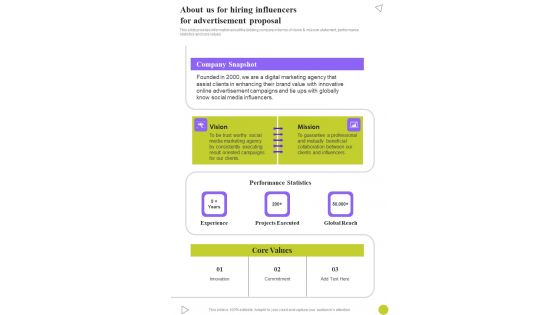 About Us For Hiring Influencers For Advertisement Proposal One Pager Sample Example Document About Us For Hiring Influencers For Advertisement Proposal One Pager Sample Example Document