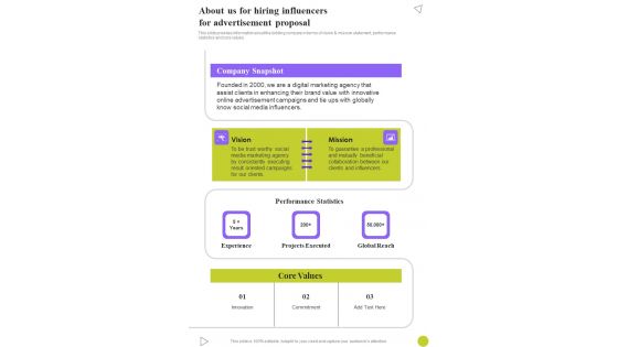 About Us For Hiring Influencers For Advertisement Proposal One Pager Sample Example Document