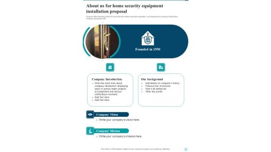 About Us For Home Security Equipment Installation Proposal One Pager Sample Example Document