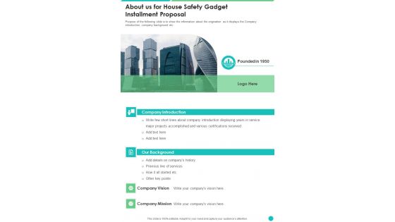 About Us For House Safety Gadget Installment Proposal One Pager Sample Example Document About Us For House Safety Gadget Installment Proposal One Pager Sample Example Document