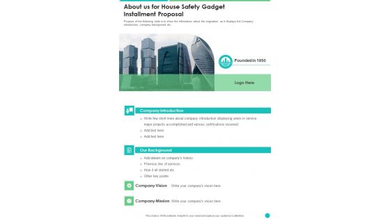 About Us For House Safety Gadget Installment Proposal One Pager Sample Example Document