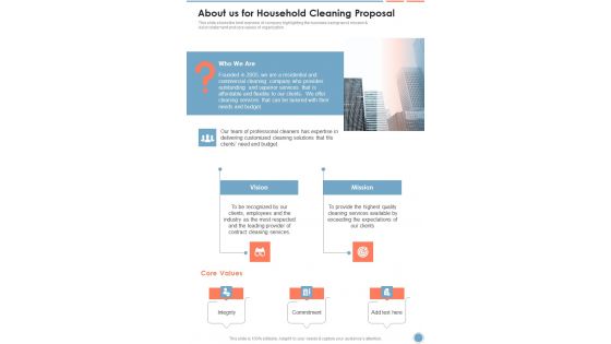 About Us For Household Cleaning Proposal One Pager Sample Example Document