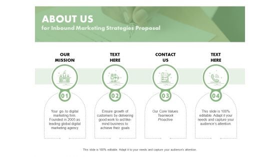 About Us For Inbound Marketing Strategies Proposal Ppt PowerPoint Presentation Infographic Template Graphics Example