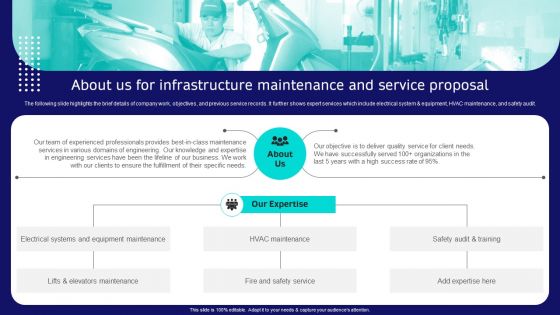 About Us For Infrastructure Maintenance And Service Proposal Infographics PDF