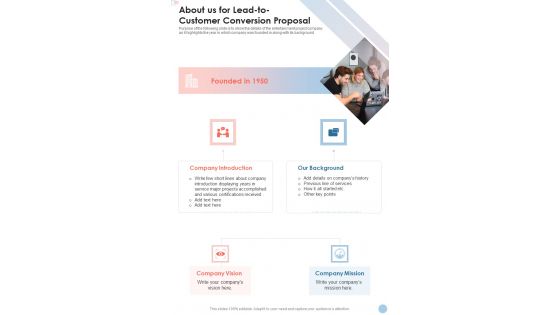 About Us For Lead To Customer Conversion Proposal One Pager Sample Example Document About Us For Lead To Customer Conversion Proposal One Pager Sample Example Document