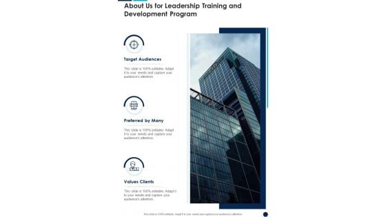 About Us For Leadership Training And Development Program One Pager Sample Example Document About Us For Leadership Training And Development Program One Pager Sample Example Document