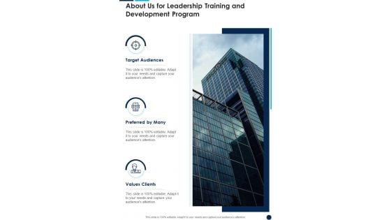 About Us For Leadership Training And Development Program One Pager Sample Example Document