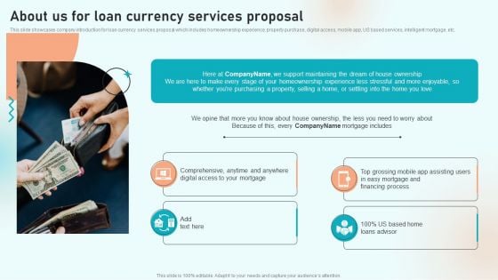 About Us For Loan Currency Services Proposal Ppt Infographics Background Image PDF