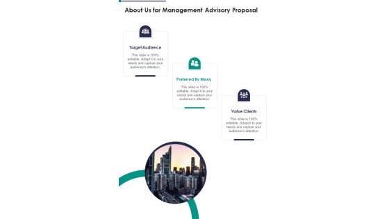 About Us For Management Advisory Proposal One Pager Sample Example Document