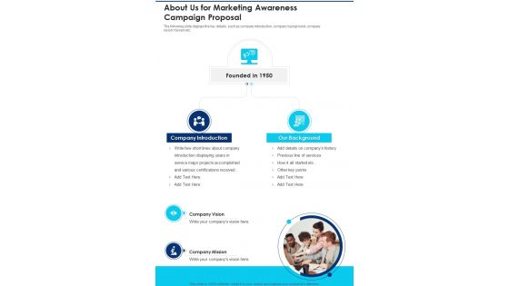 About Us For Marketing Awareness Campaign Proposal One Pager Sample Example Document