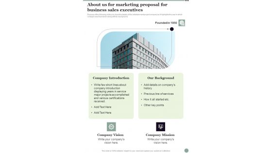 About Us For Marketing Proposal For Business Sales Executives One Pager Sample Example Document About Us For Marketing Proposal For Business Sales Executives One Pager Sample Example Document