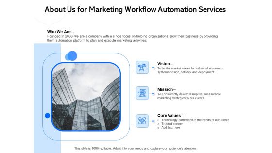 About Us For Marketing Workflow Automation Services Ppt PowerPoint Presentation File Graphics Tutorials PDF