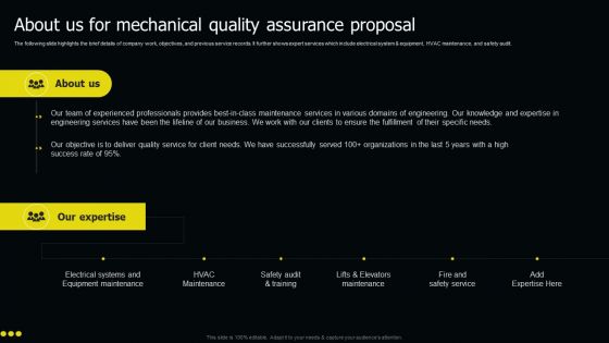 About Us For Mechanical Quality Assurance Proposal Ppt Show Example PDF