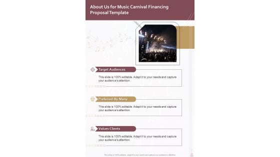 About Us For Music Carnival Financing Proposal Template One Pager Sample Example Document