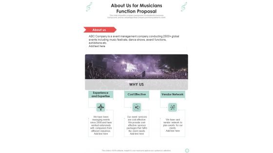 About Us For Musicians Function Proposal One Pager Sample Example Document